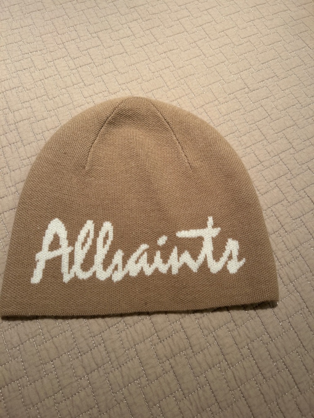 AllSaints Camel and White Script Beanie